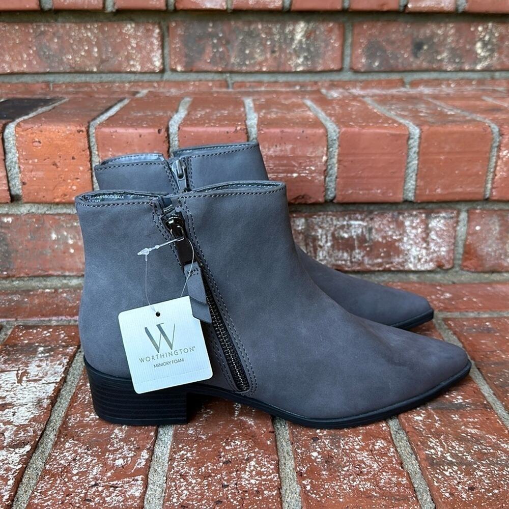 Worthington Brookdale Gray Booties Women's 7.5 Memory Foam Block Heel NWT